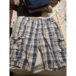 Lee Cargo Shorts Belted Blue And White  Plaid 100% Cotton Mens‎ Size 29 X10
